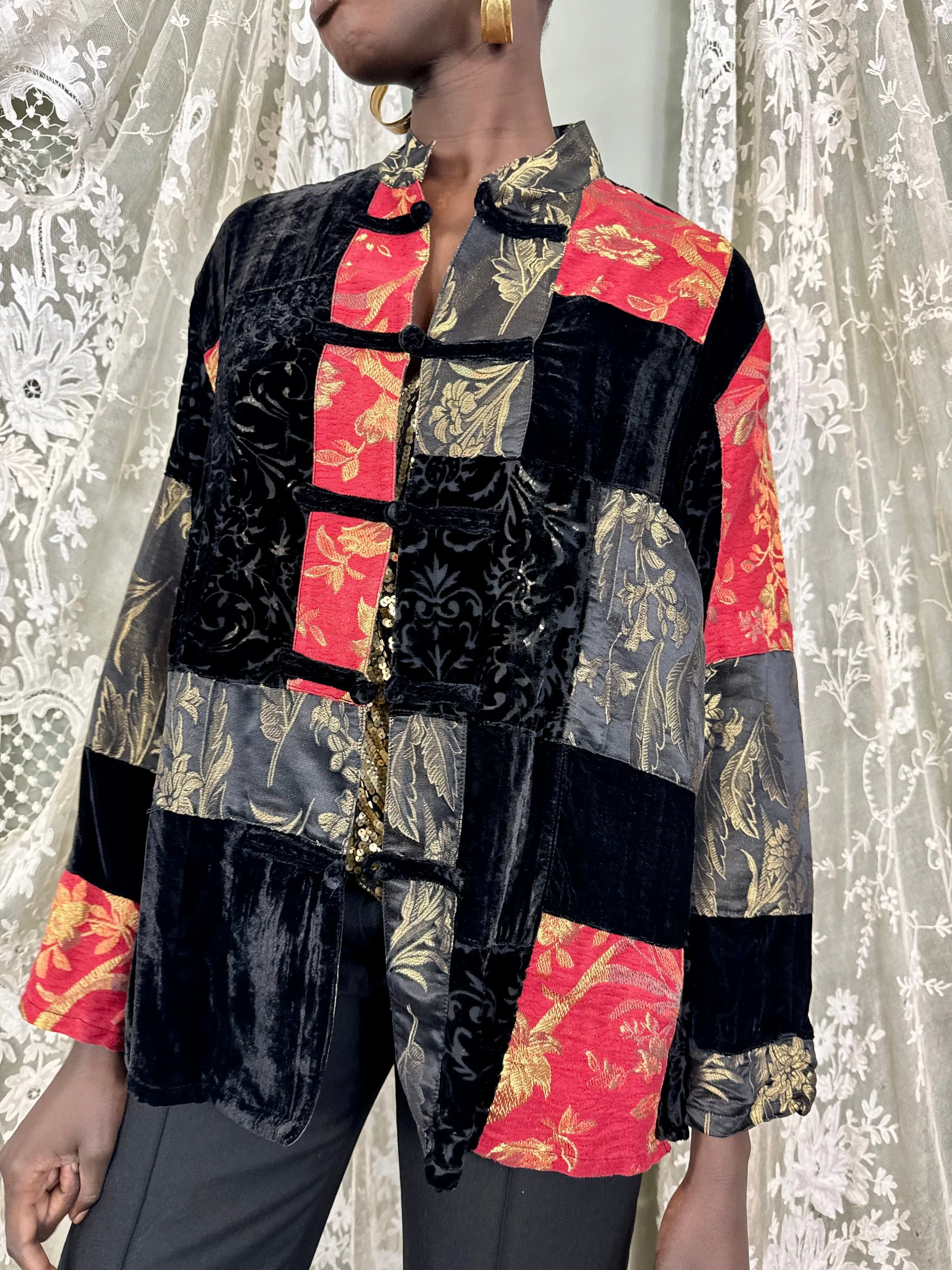 Sharie, reworked patchwork lamé and devoré jacket