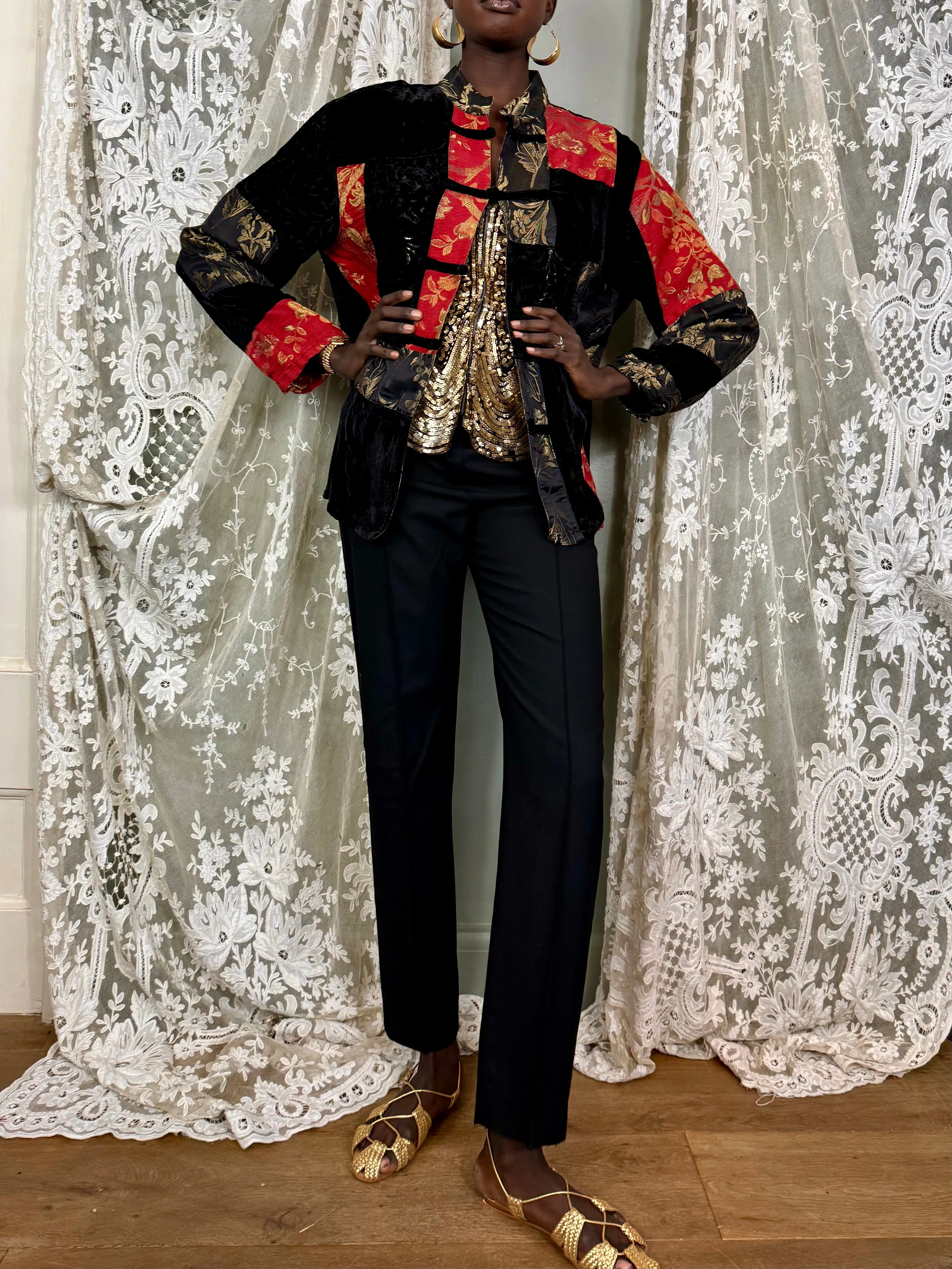 Sharie, reworked patchwork lamé and devoré jacket