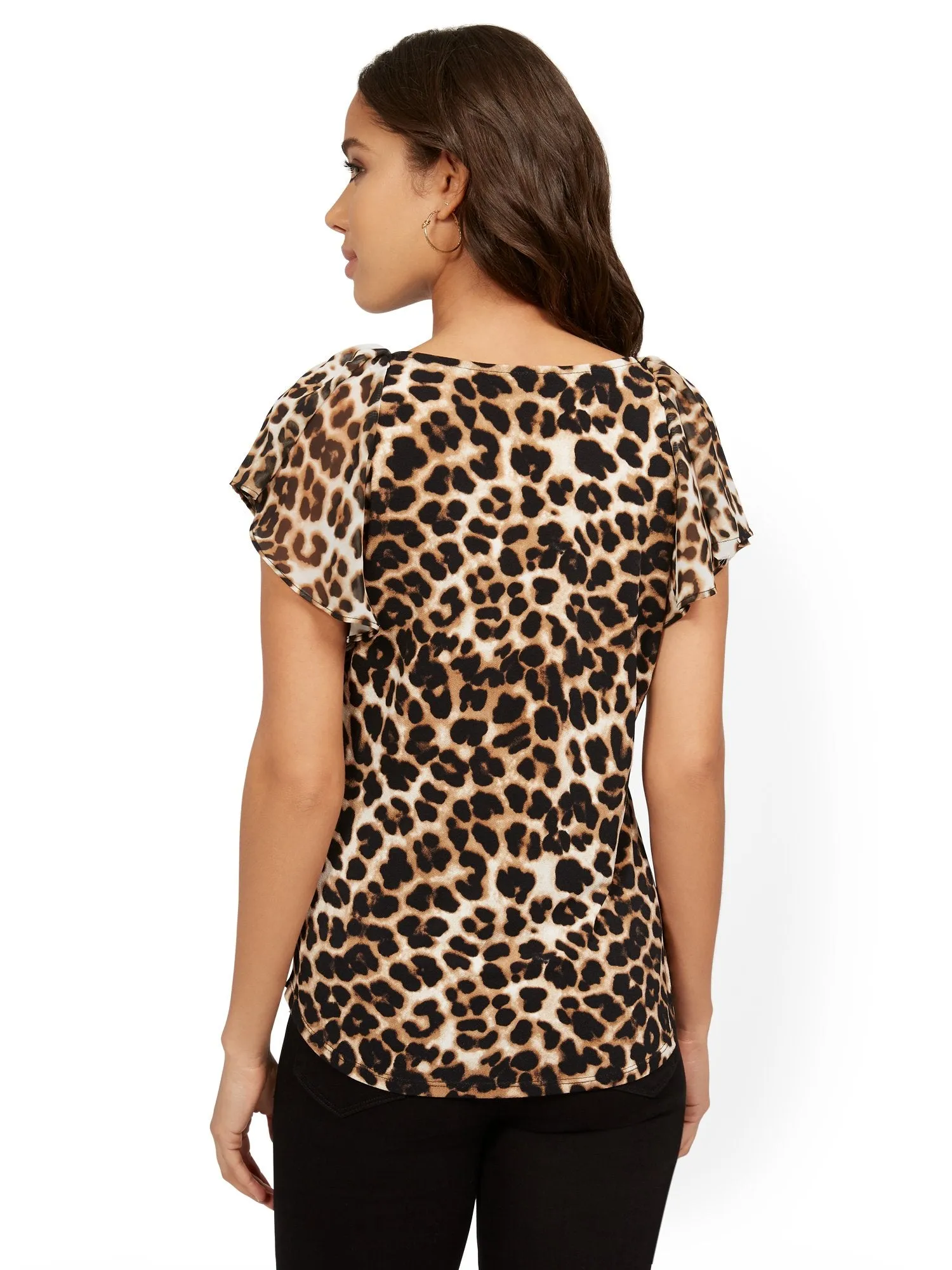 Tie-Neck Flutter-Sleeve Leopard-Print Top