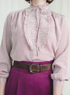 Vintage Tie-up Neck Pink Striped Chiffon Blouse