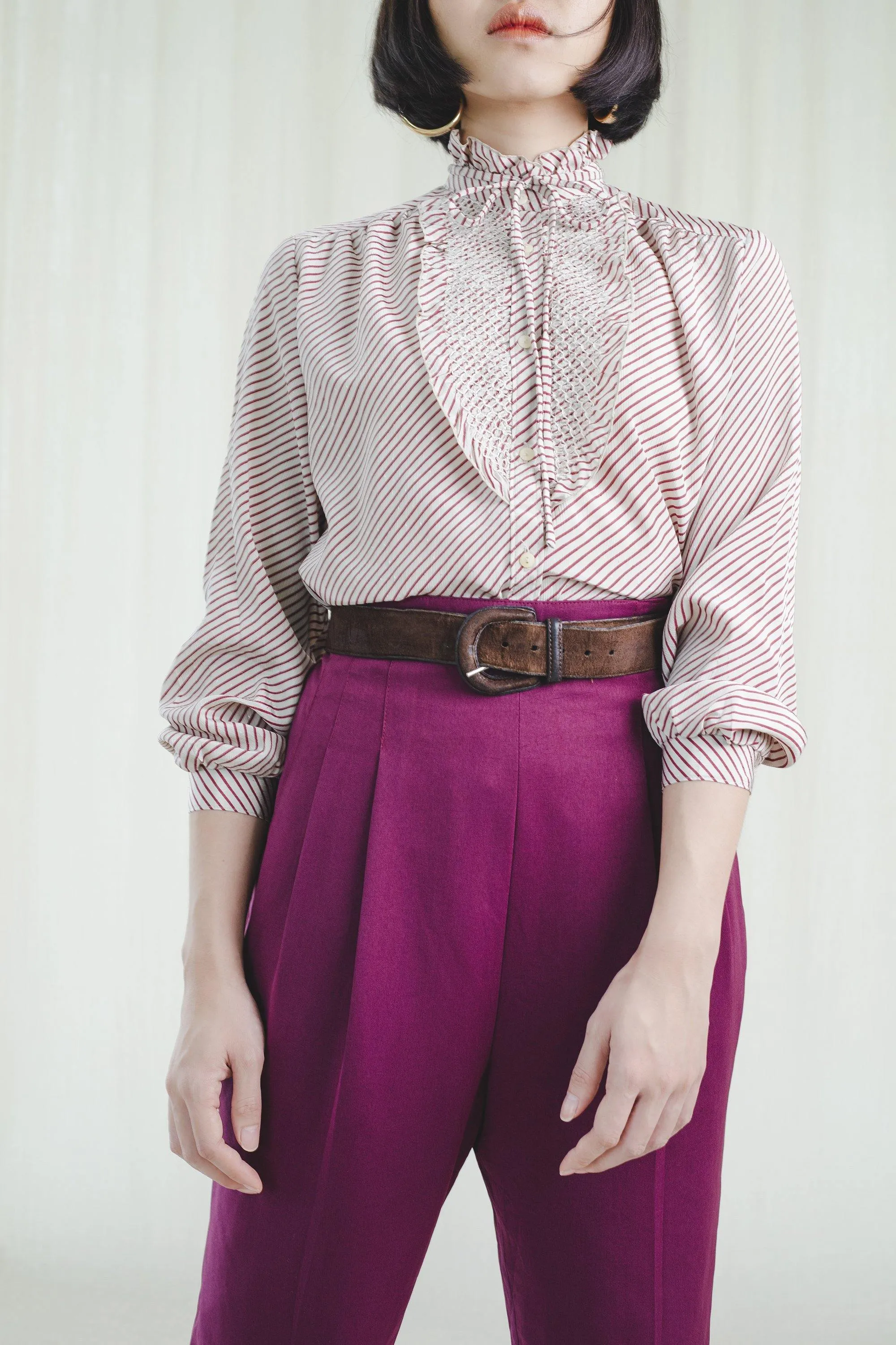 Vintage Tie-up Neck Pink Striped Chiffon Blouse
