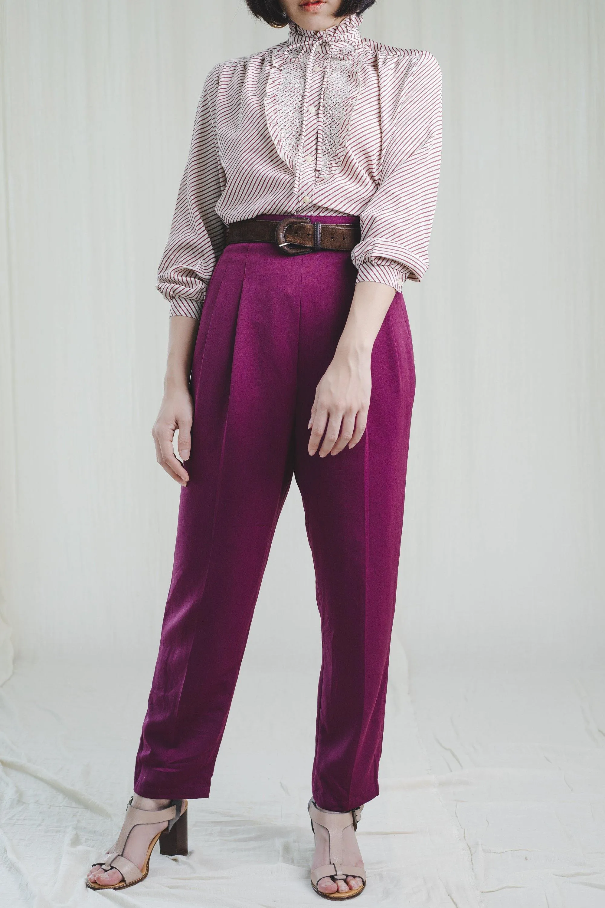 Vintage Tie-up Neck Pink Striped Chiffon Blouse
