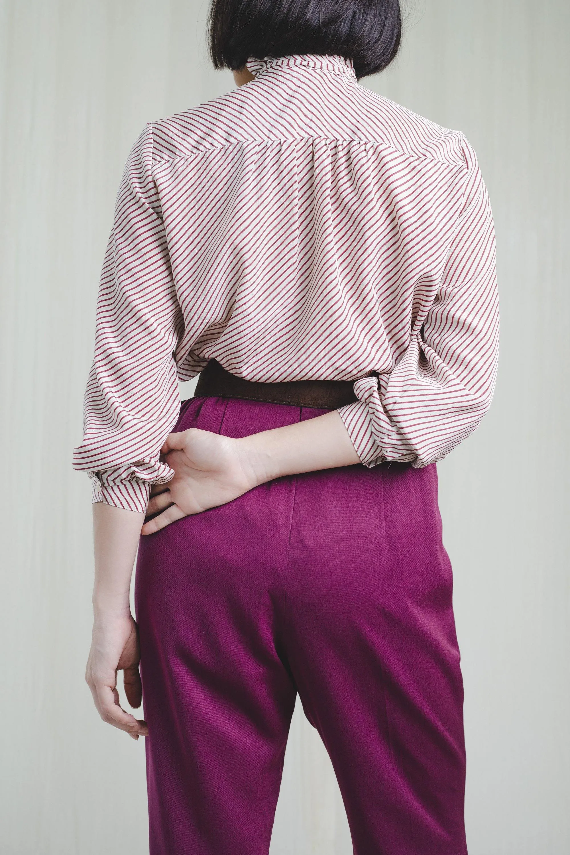 Vintage Tie-up Neck Pink Striped Chiffon Blouse