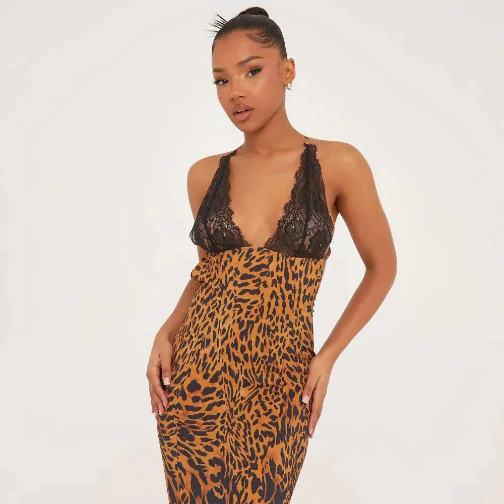 Wenkouban-Christmas Thanksgiving Gift New Year's Eve Dress party look inspos back to school dress  Leopard Print Lace Maxi Dress